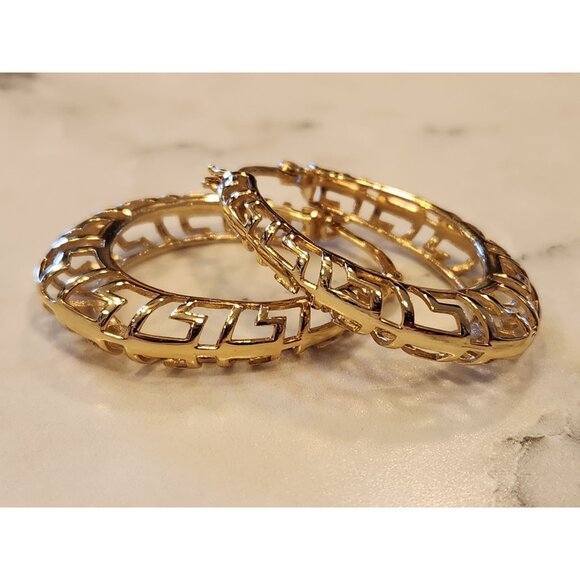 Sterling Silver Gold-Tone Greek Key Hoop Earrings - Picture 4 of 5